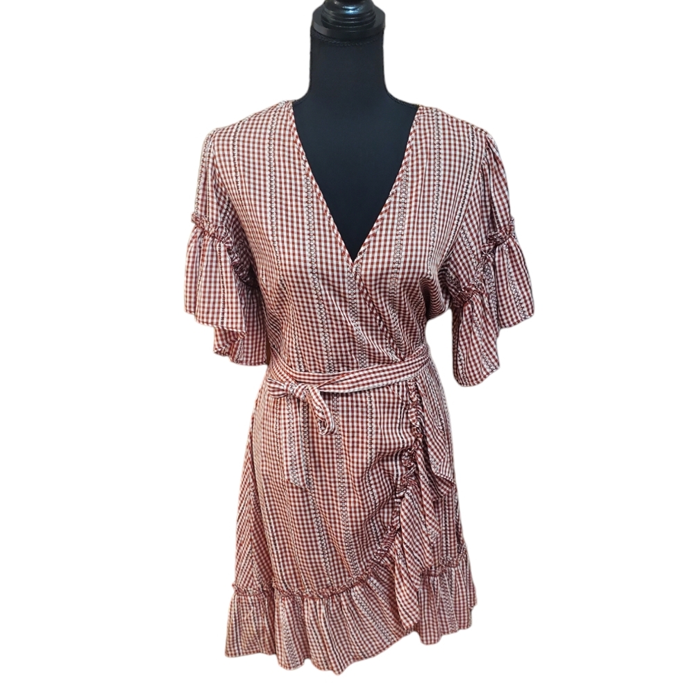🛑SOLD- Max Studio red & cream gingham print wrap dress with ruffles size Large